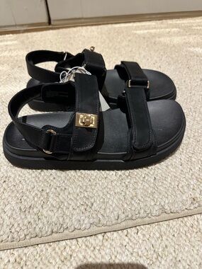 Women’s A New Day Black Faux Leather Buckle Strap Sandals with Gold Hardware